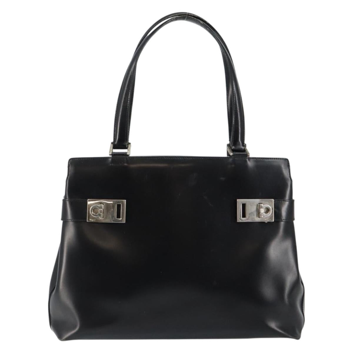 Salvatore Ferragamo Gancini Tote Bag Leather Black Silver Auth BA7066