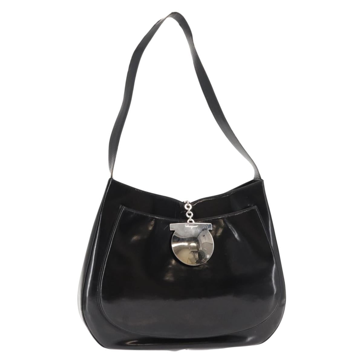 Salvatore Ferragamo Gancini Shoulder Bag Enamel Black Silver Auth BA7067