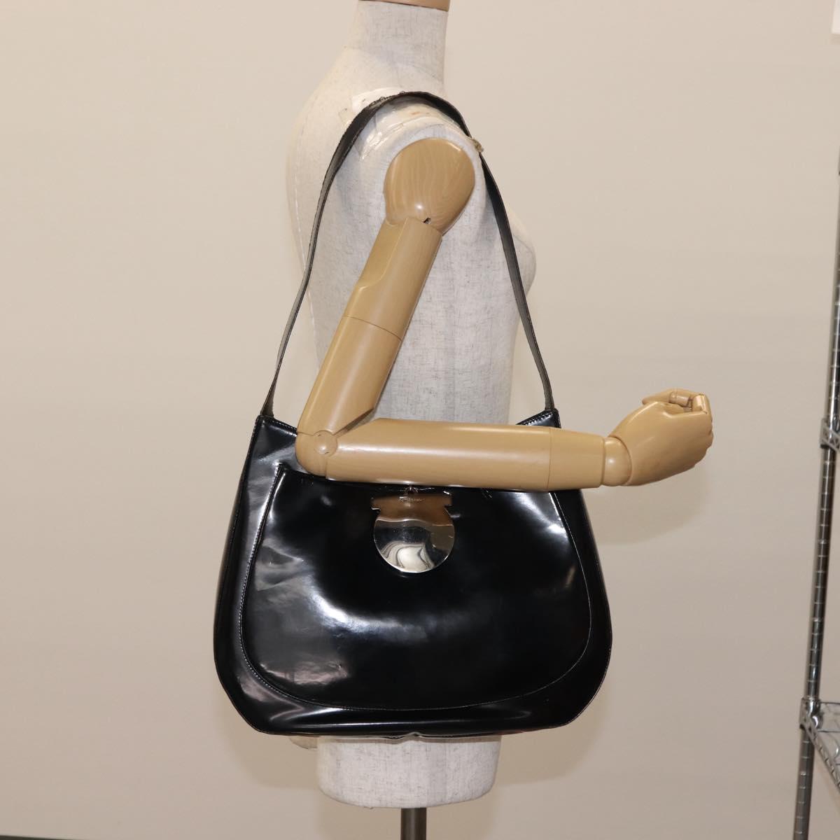 Salvatore Ferragamo Gancini Shoulder Bag Enamel Black Silver Auth BA7067