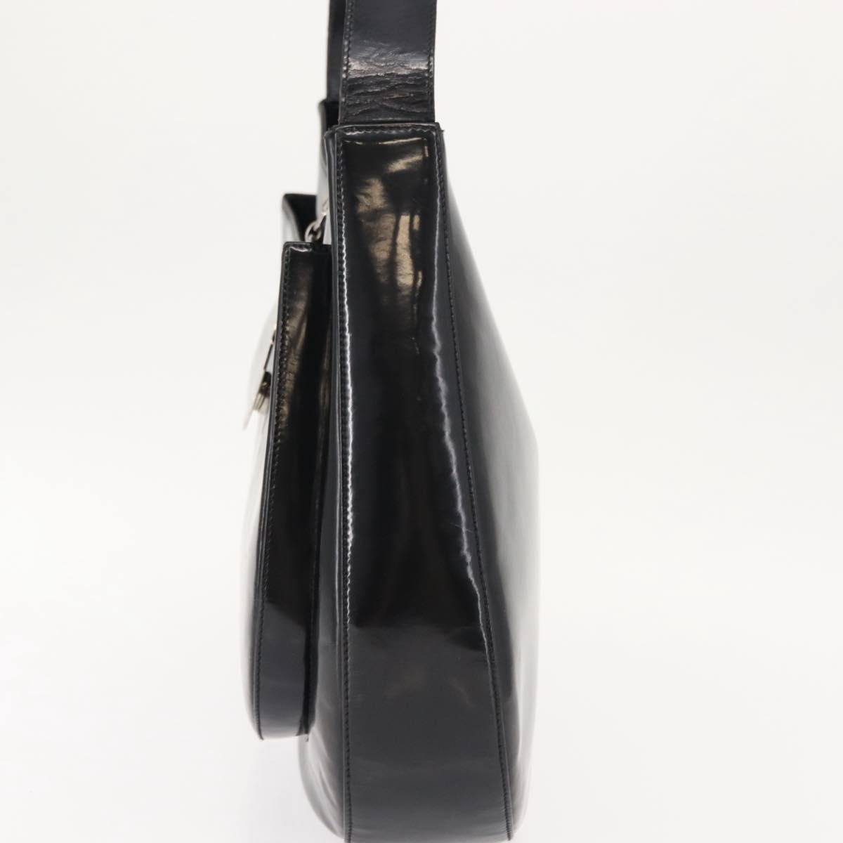 Salvatore Ferragamo Gancini Shoulder Bag Enamel Black Silver Auth BA7067