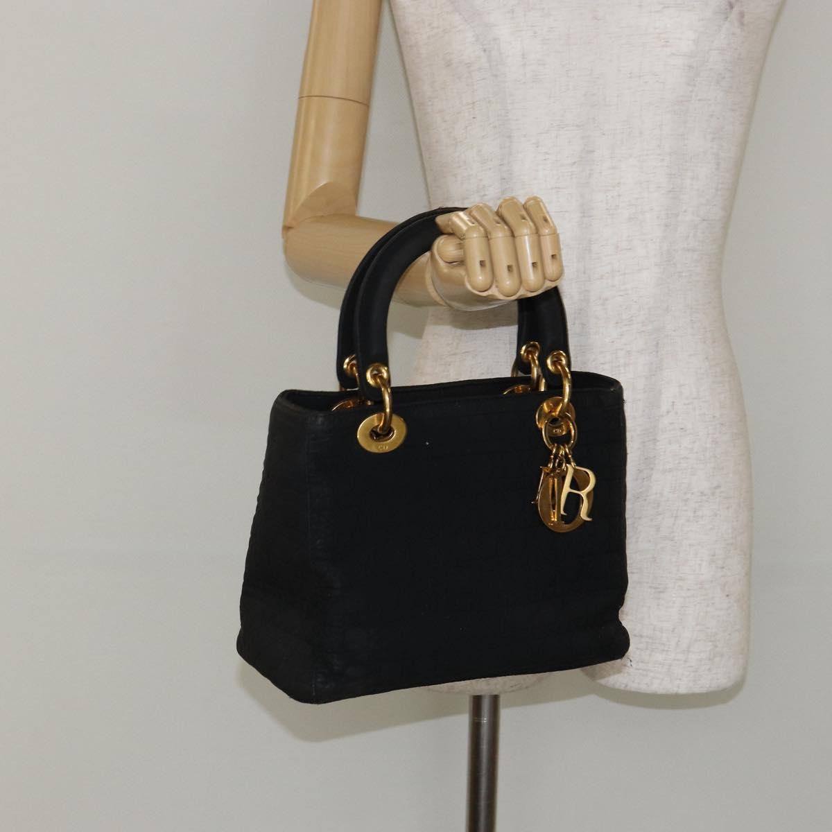 Christian Dior Lady Dior Canage Hand Bag Nylon Black Gold Auth BA7086