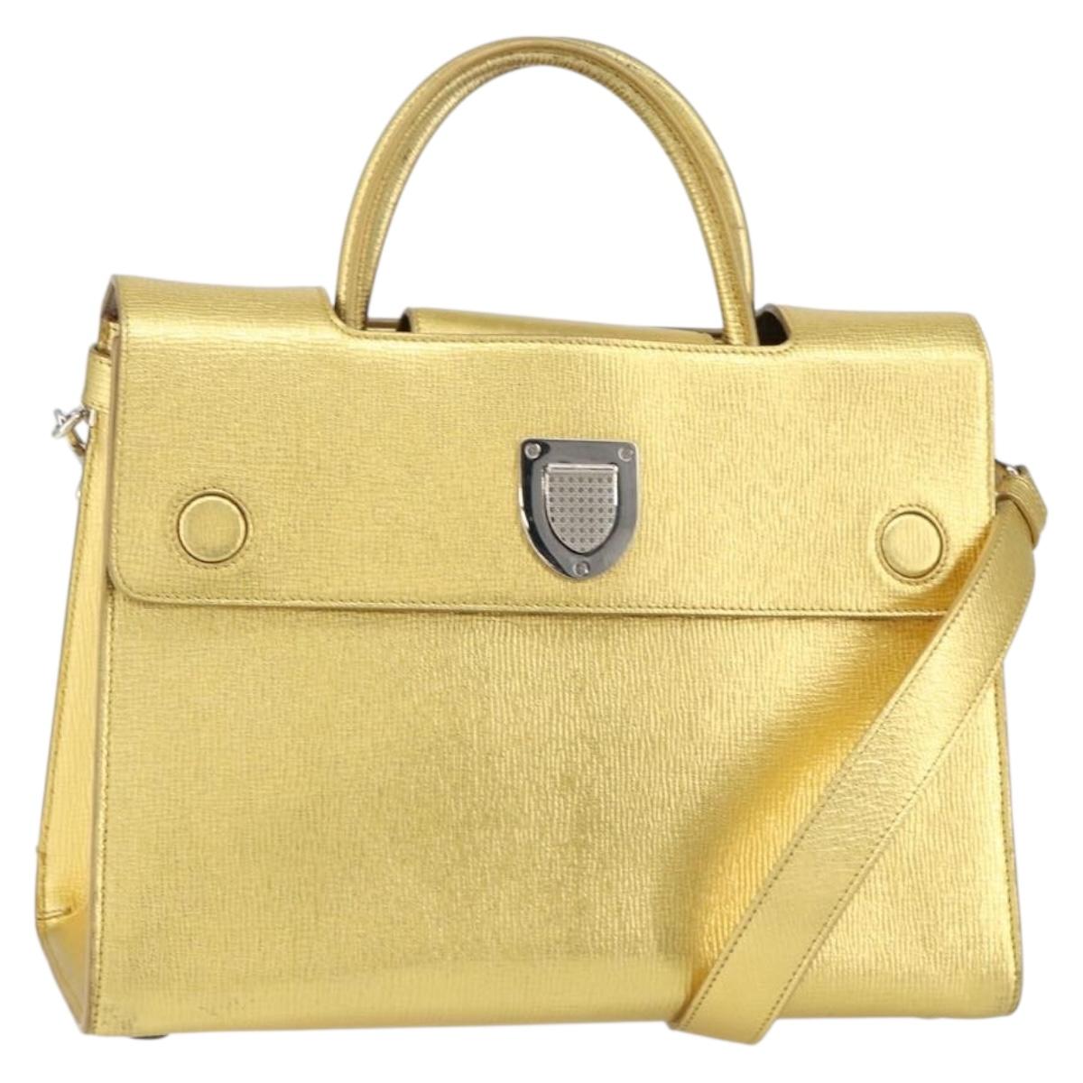 Christian Dior Hand Bag Leather 2way Gold Silver Auth BA7088