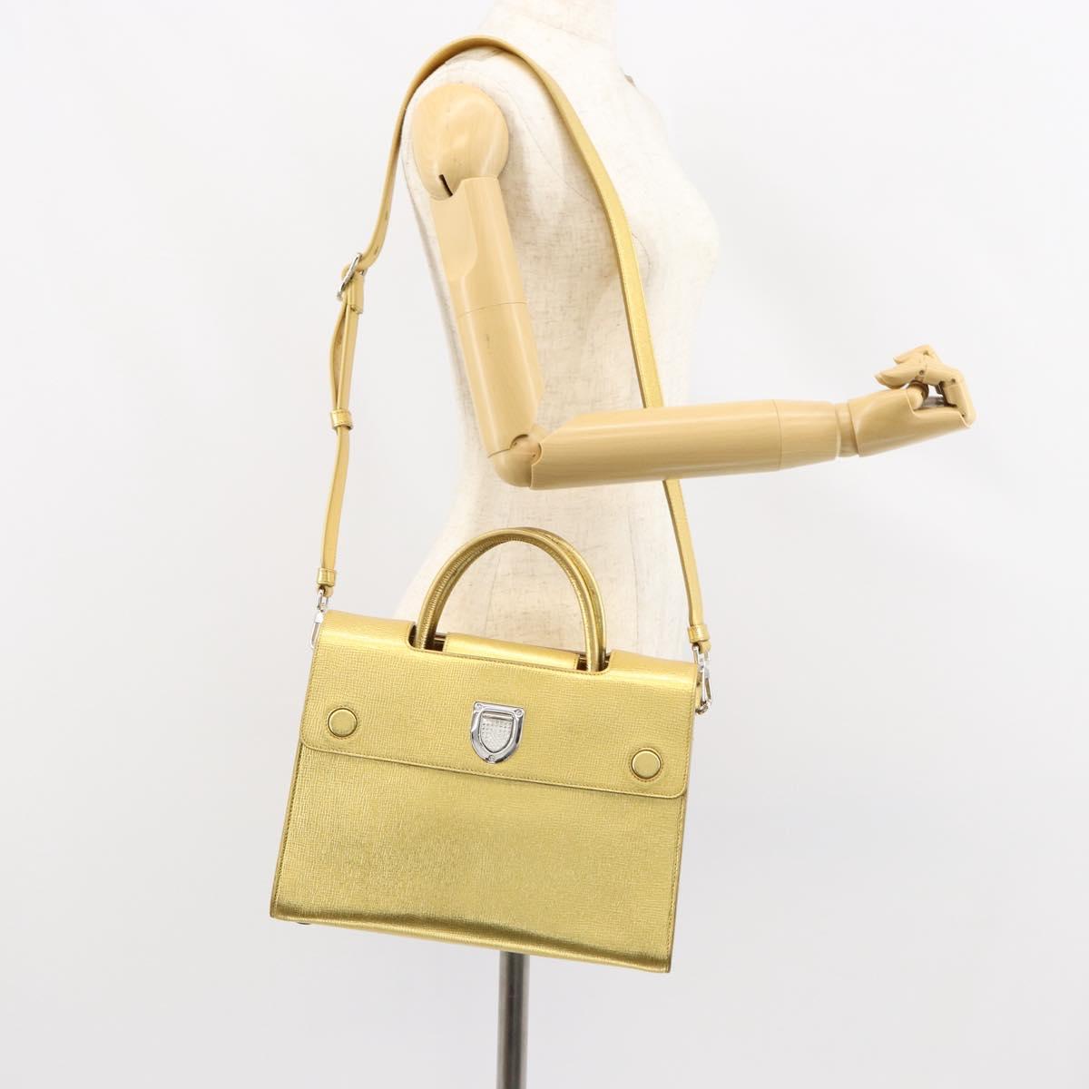 Christian Dior Hand Bag Leather 2way Gold Silver Auth BA7088