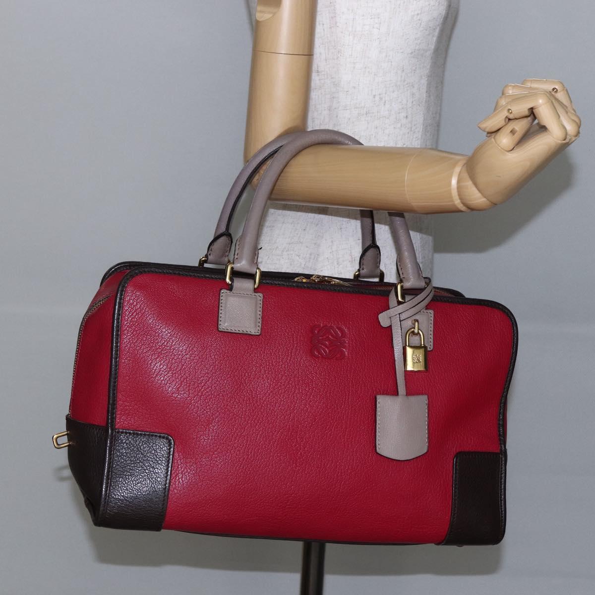 LOEWE Anagram Amazona 36 Hand Bag Leather Red Gold Auth BA7089