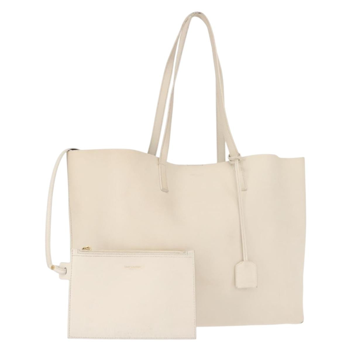 SAINT LAURENT Tote Bag Leather White Gold Auth BA7093