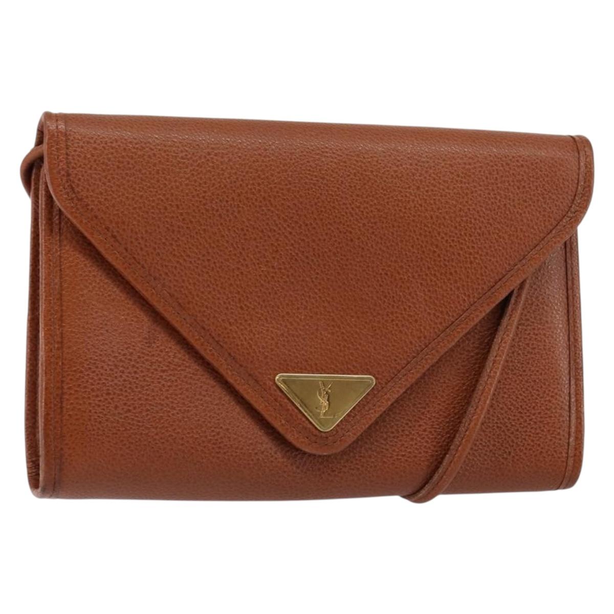 SAINT LAURENT Shoulder Bag Leather Brown Gold Auth BA7094