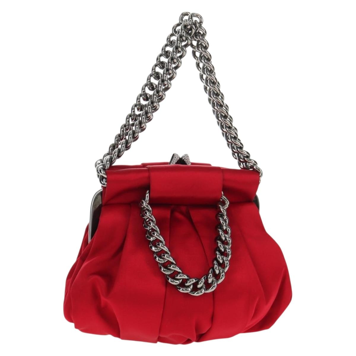 Christian Louboutin Chain Hand Bag Satin Red Silver Auth BA7098V