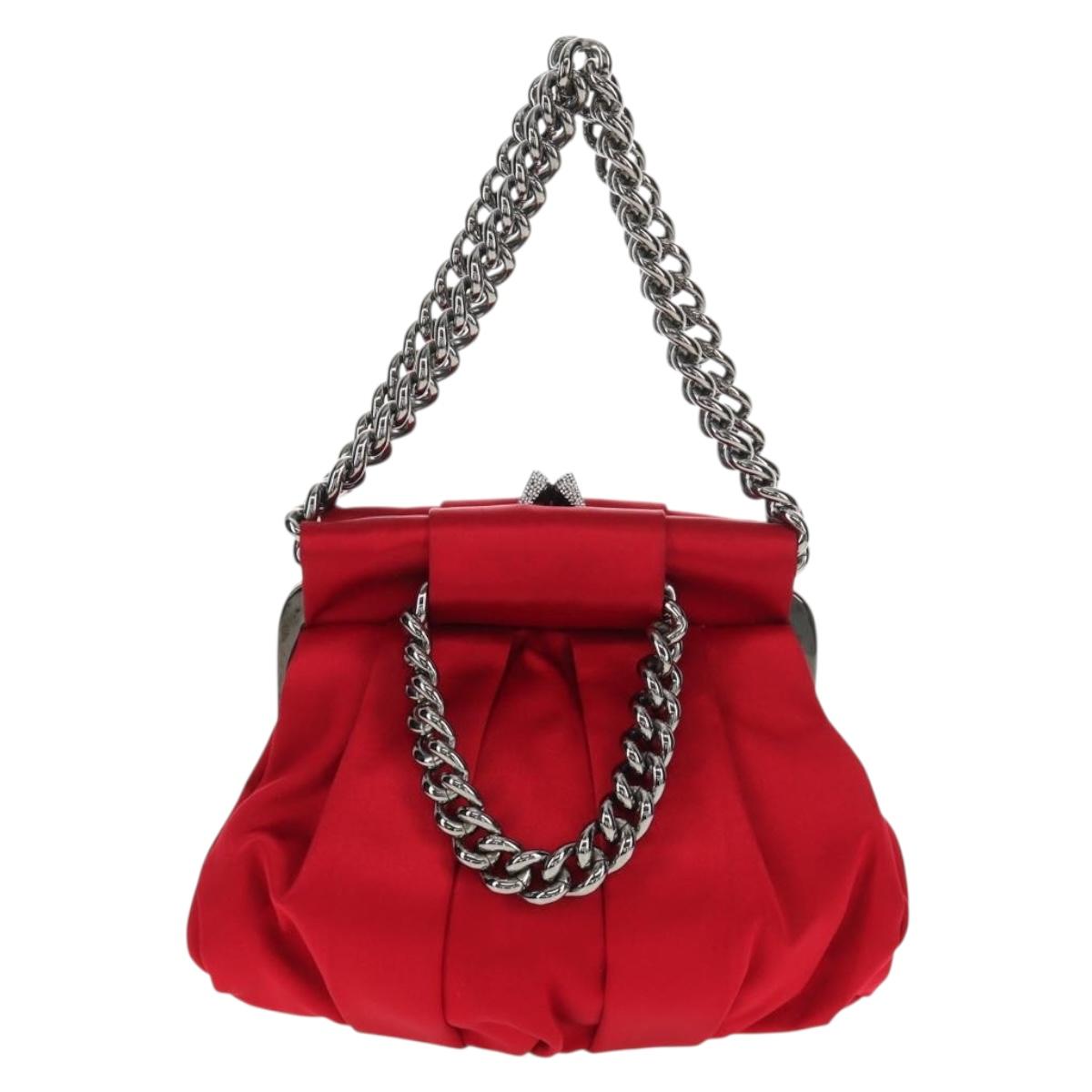 Christian Louboutin Chain Hand Bag Satin Red Silver Auth BA7098V