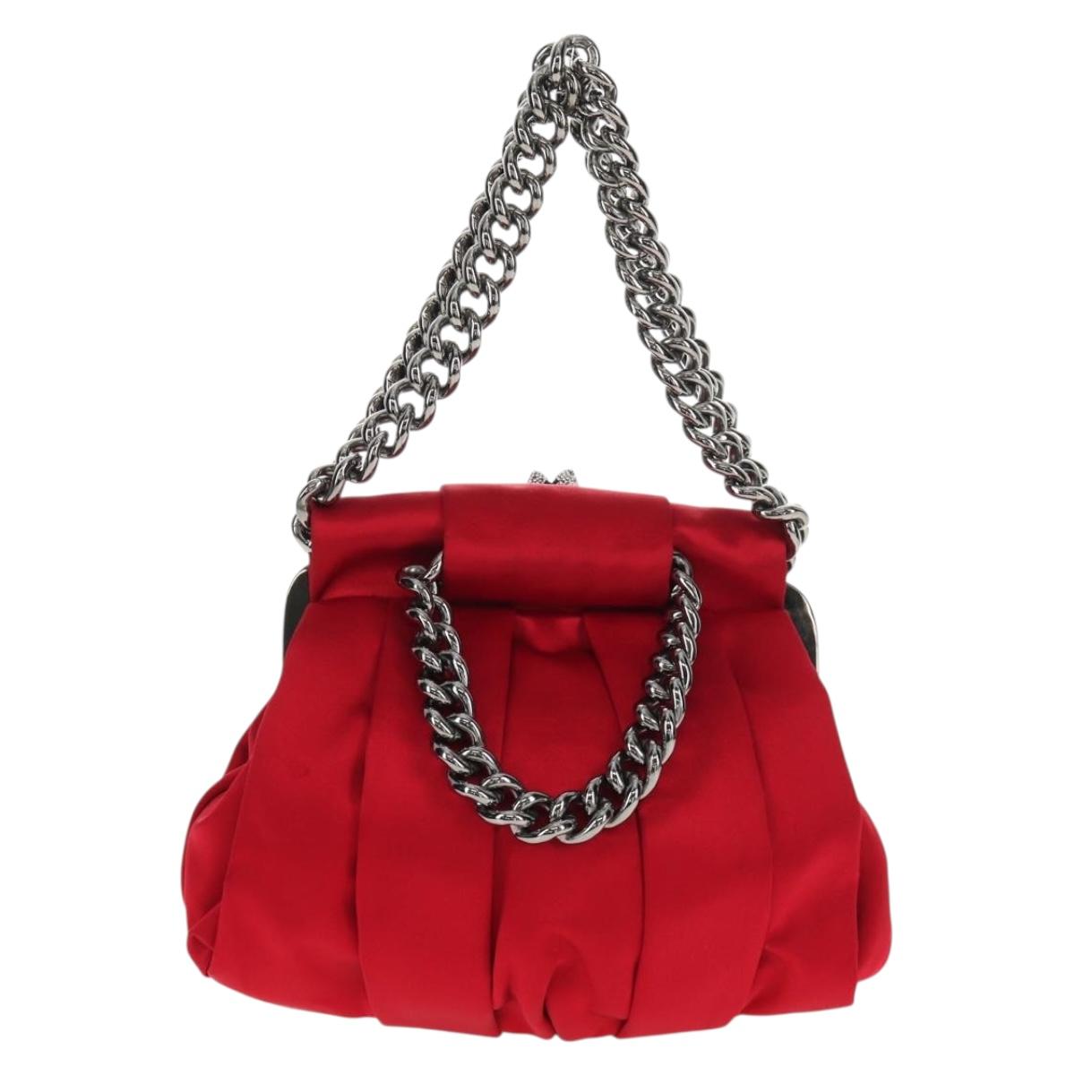 Christian Louboutin Chain Hand Bag Satin Red Silver Auth BA7098V