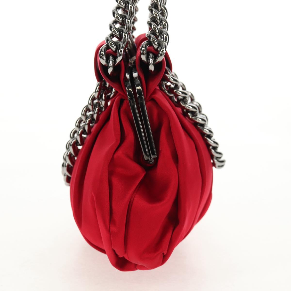 Christian Louboutin Chain Hand Bag Satin Red Silver Auth BA7098V