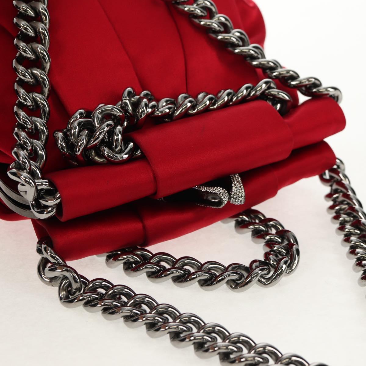 Christian Louboutin Chain Hand Bag Satin Red Silver Auth BA7098V