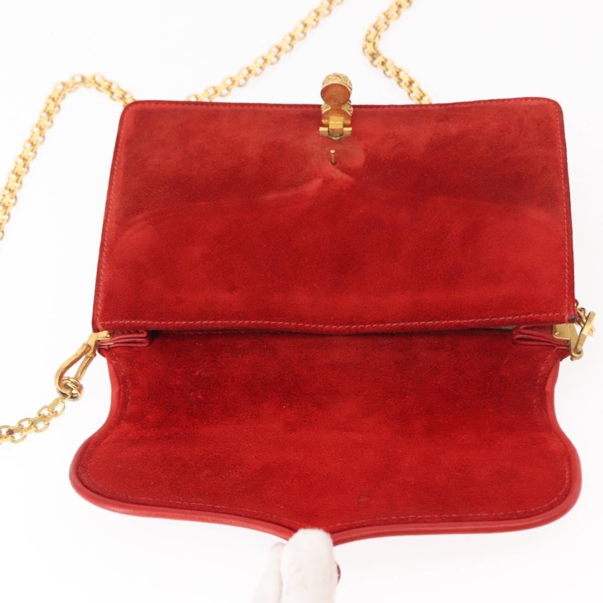 GUCCI Chain Shoulder Bag Leather Suede Red Gold Auth BA7109