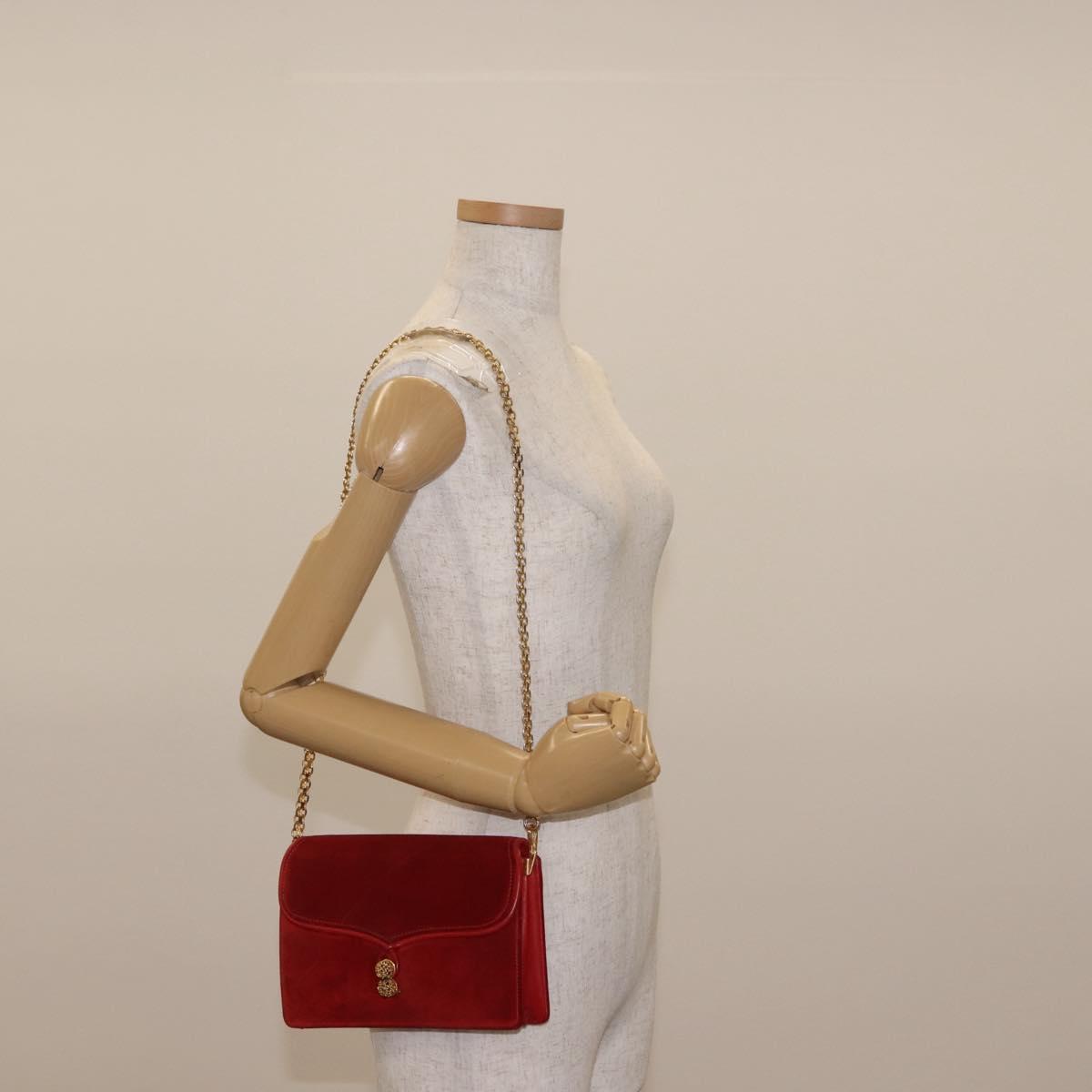 GUCCI Chain Shoulder Bag Leather Suede Red Gold Auth BA7109