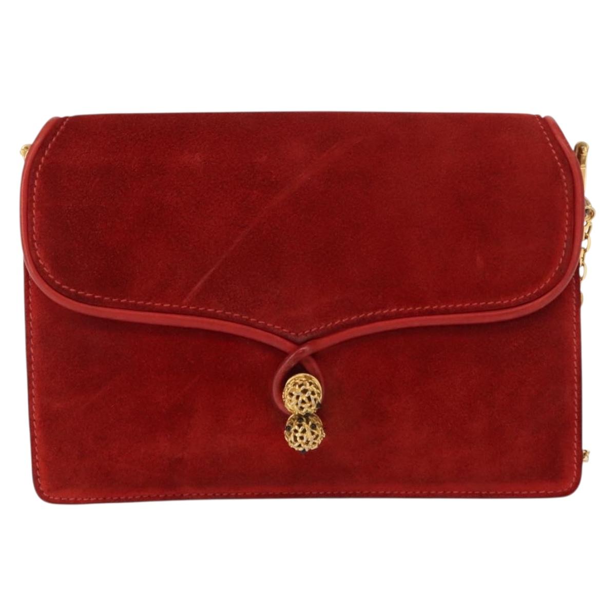 GUCCI Chain Shoulder Bag Leather Suede Red Gold Auth BA7109