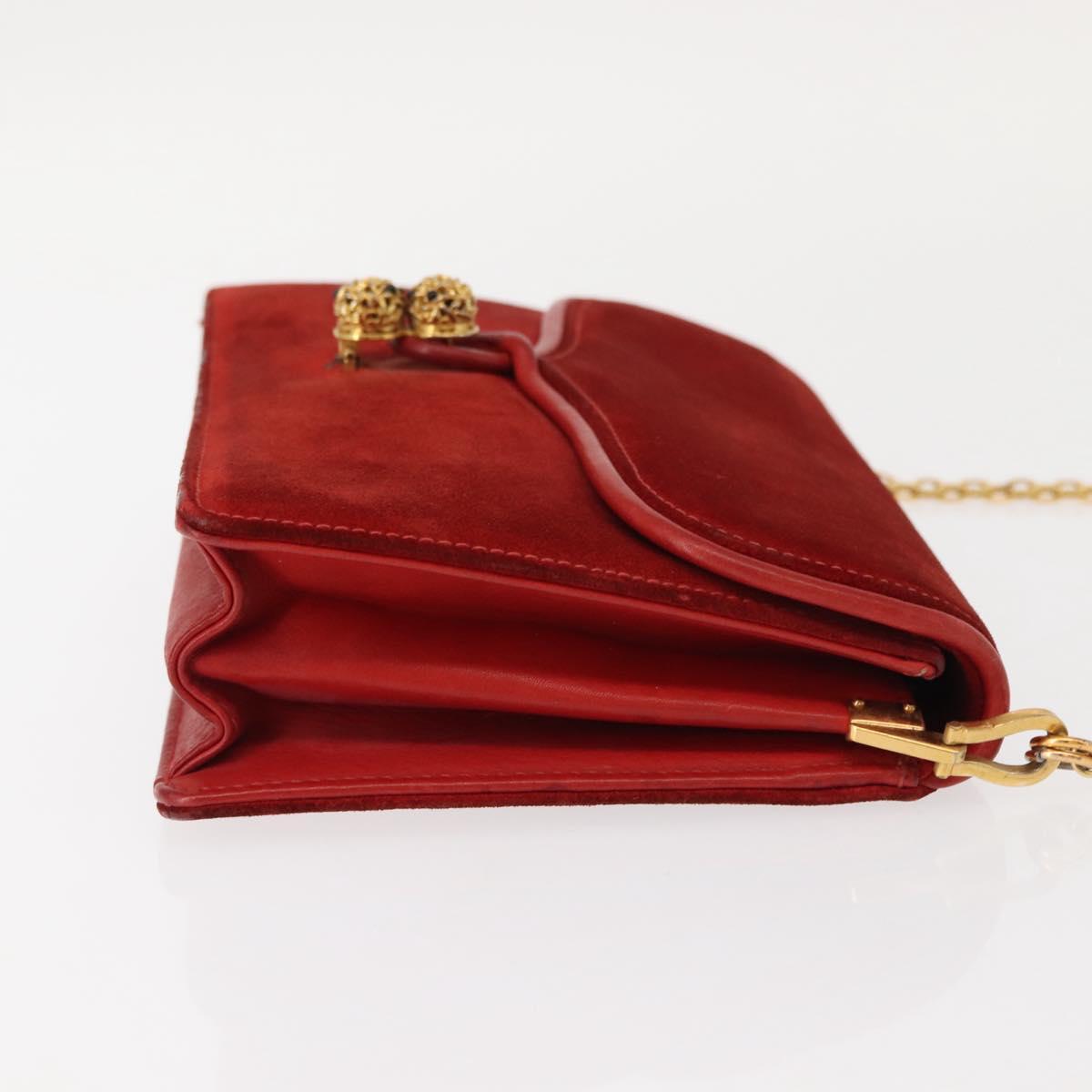GUCCI Chain Shoulder Bag Leather Suede Red Gold Auth BA7109