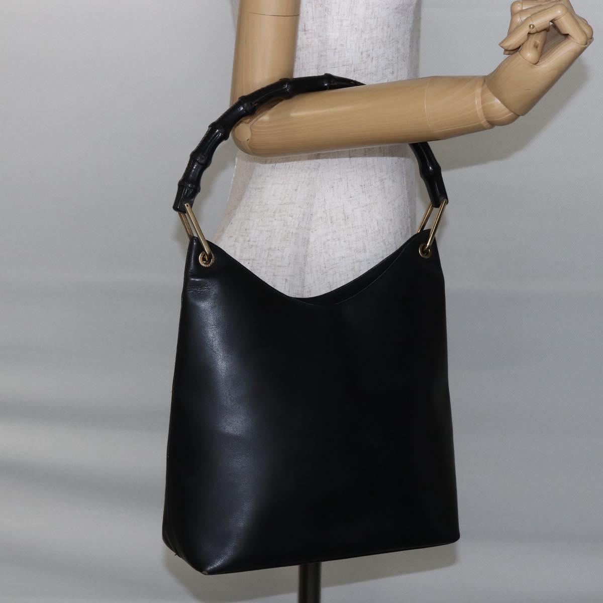 GUCCI Bamboo Shoulder Bag Leather Black Gold 001 3007 Auth BA7130