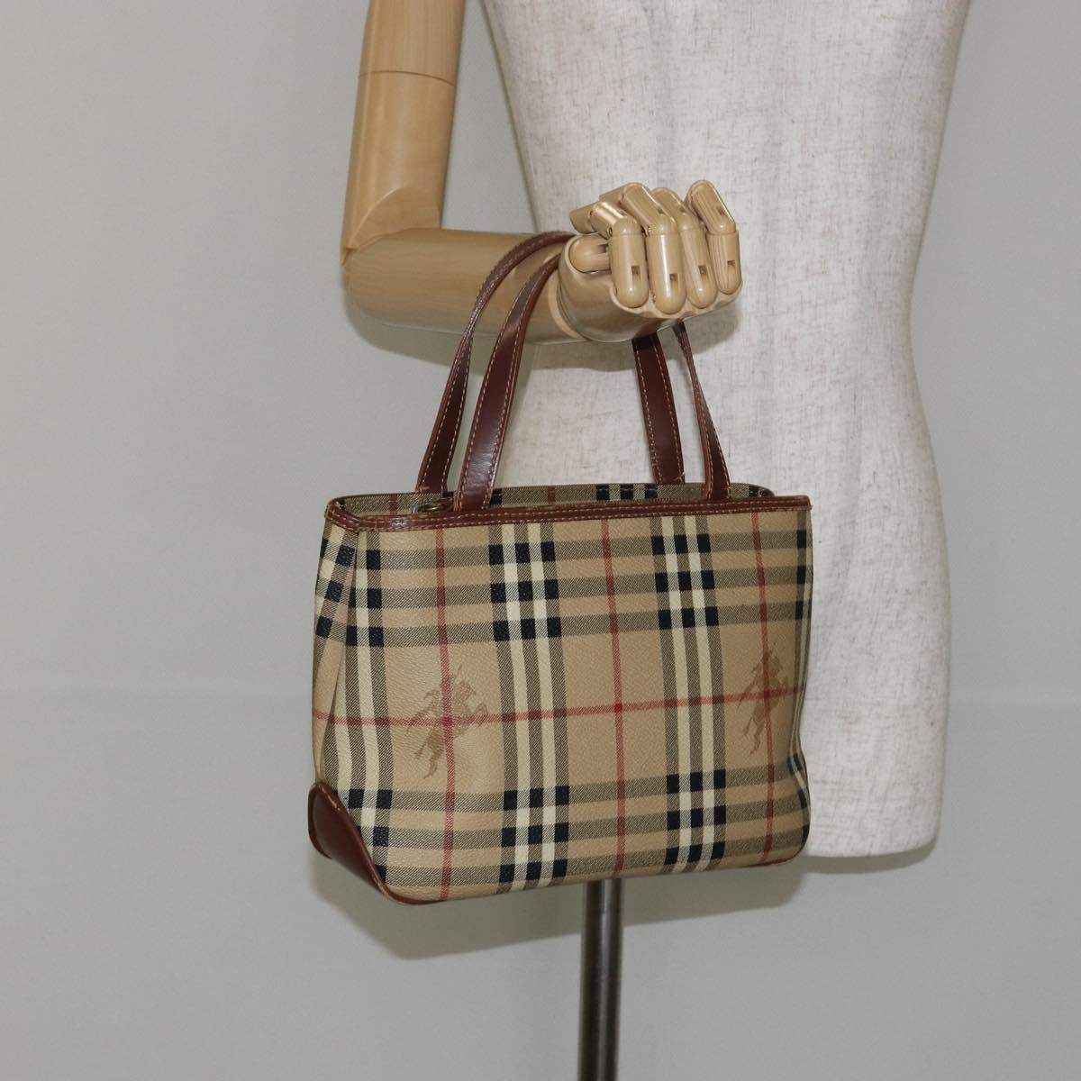 BURBERRY Nova Check Hand Bag PVC Beige Silver Auth BA7137