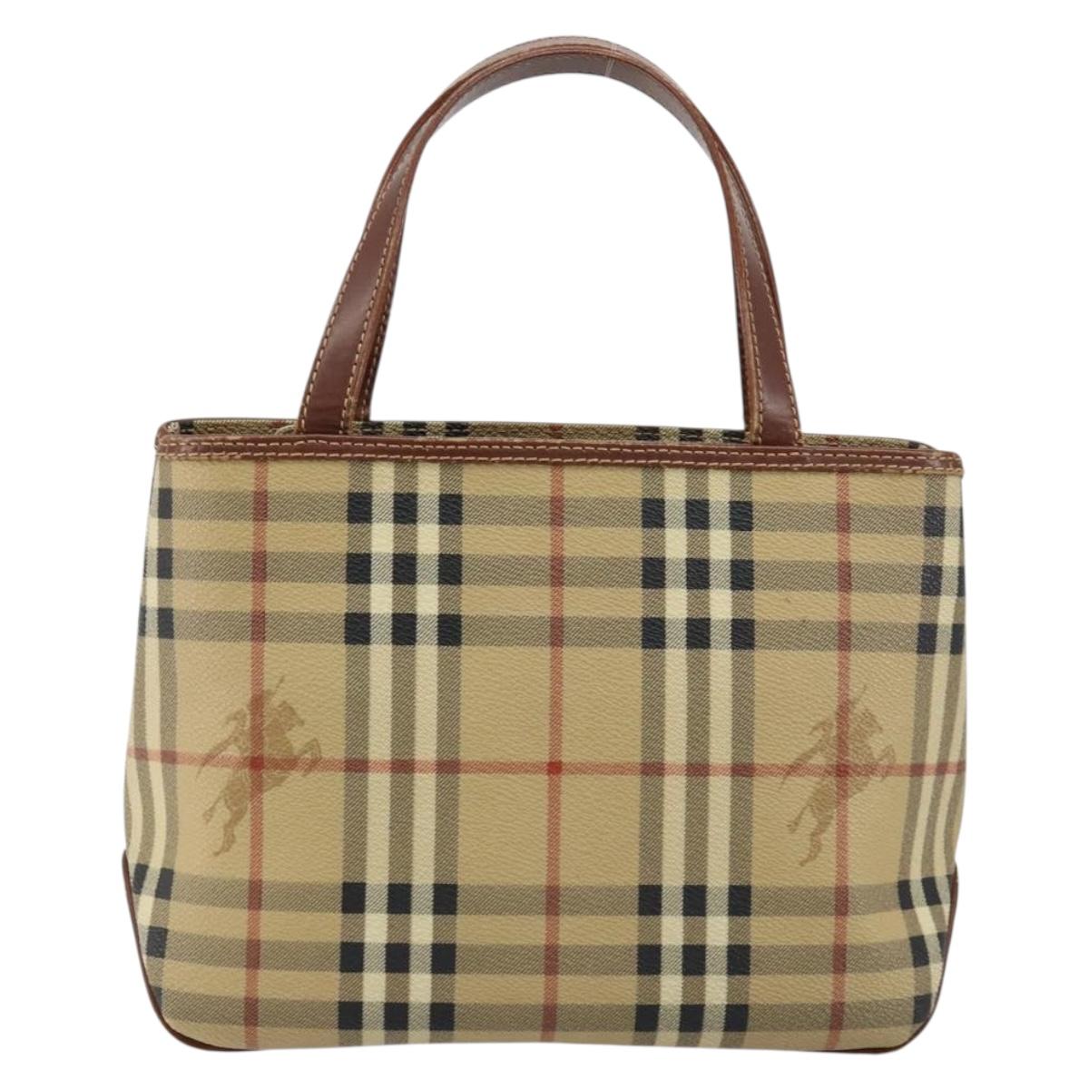 BURBERRY Nova Check Hand Bag PVC Beige Silver Auth BA7137