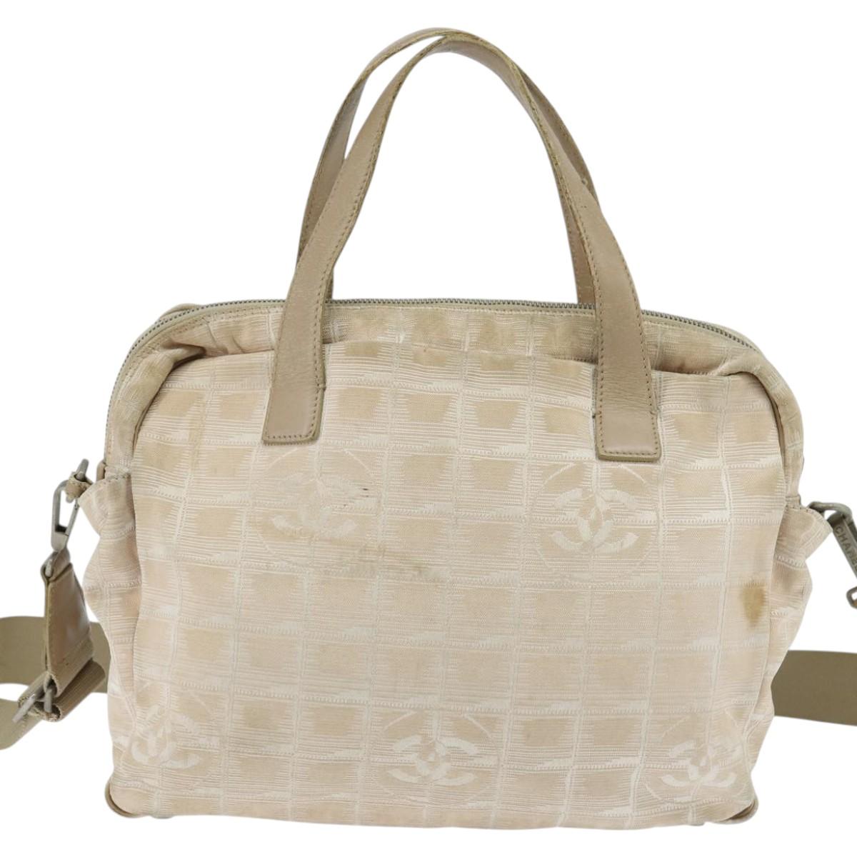 CHANEL New Travel Line Hand Bag Nylon 2way Beige Silver CC Auth BA7143