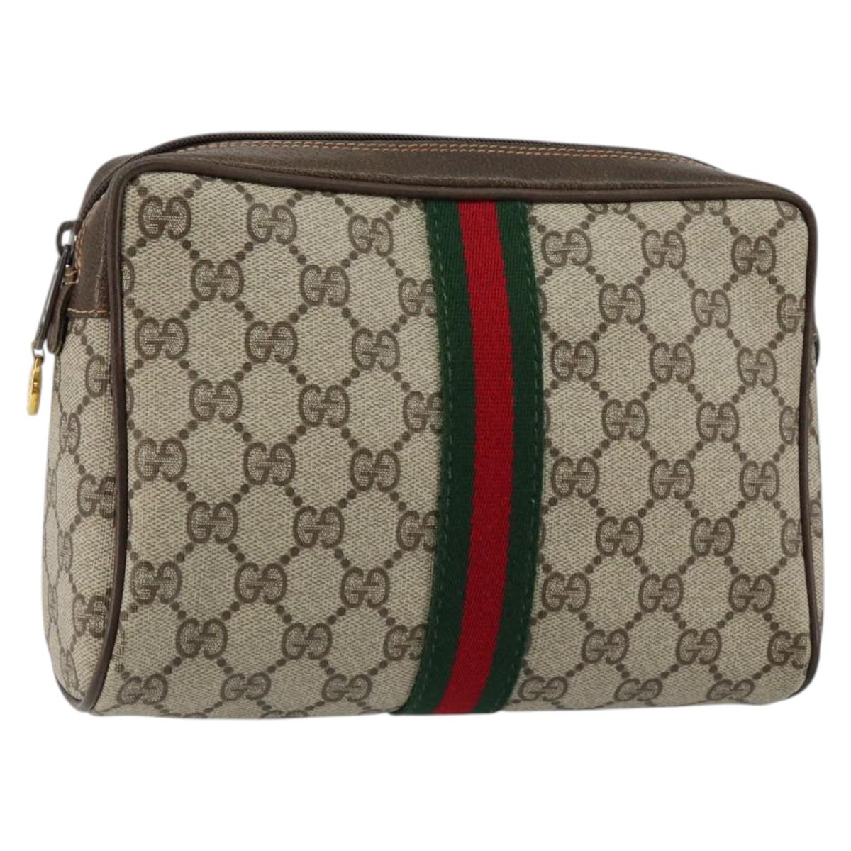 GUCCI GG Supreme Web Sherry Line Clutch Bag PVC Beige Auth BA7254