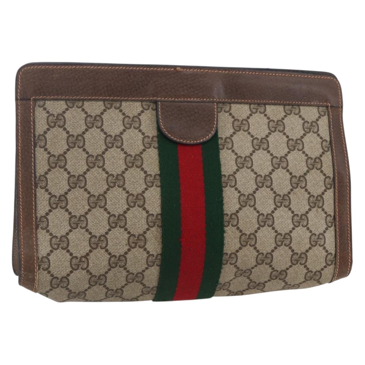 GUCCI GG Supreme Web Sherry Line Clutch Bag PVC Beige Red 89 01 002 Auth BA7255