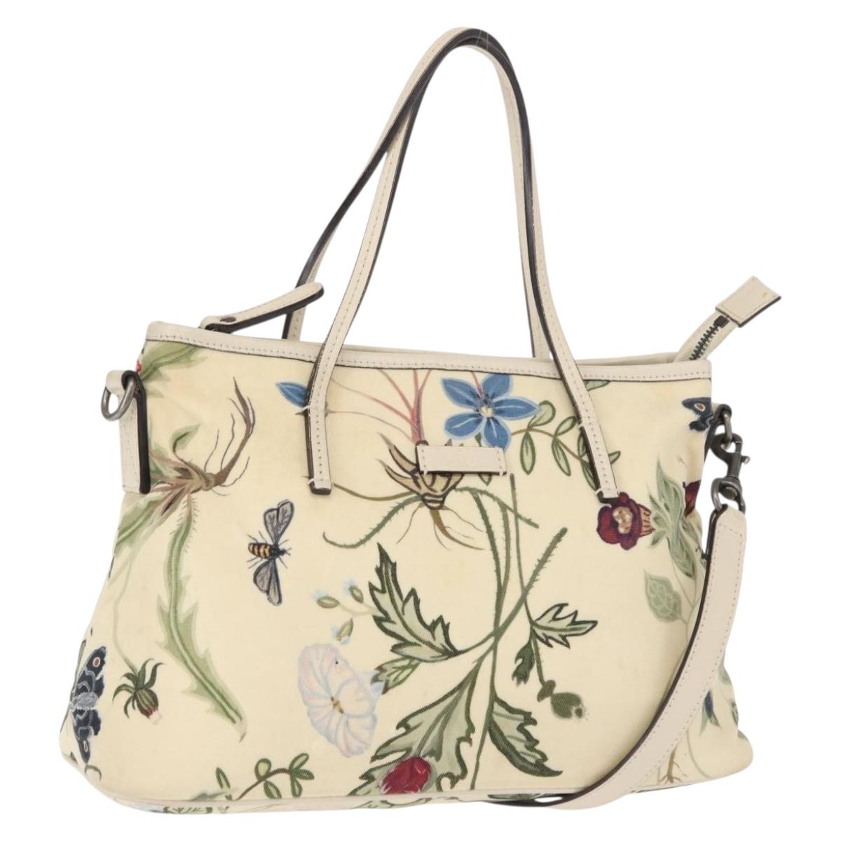 GUCCI Flora Tote Bag Nylon Leather 2way Beige Silver 353440 Auth BA7279