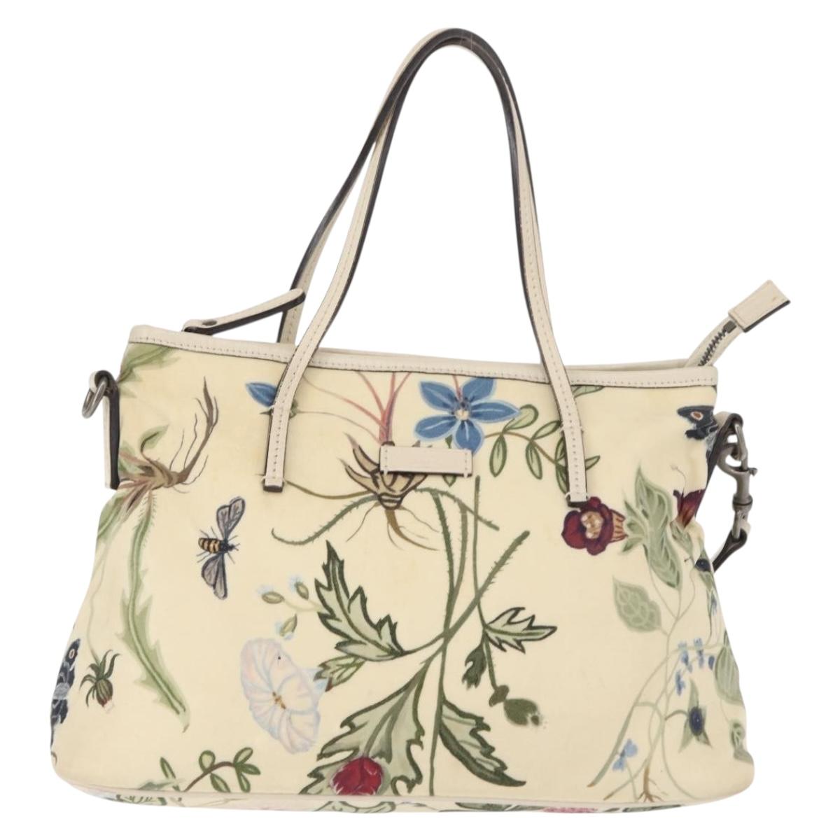 GUCCI Flora Tote Bag Nylon Leather 2way Beige Silver 353440 Auth BA7279