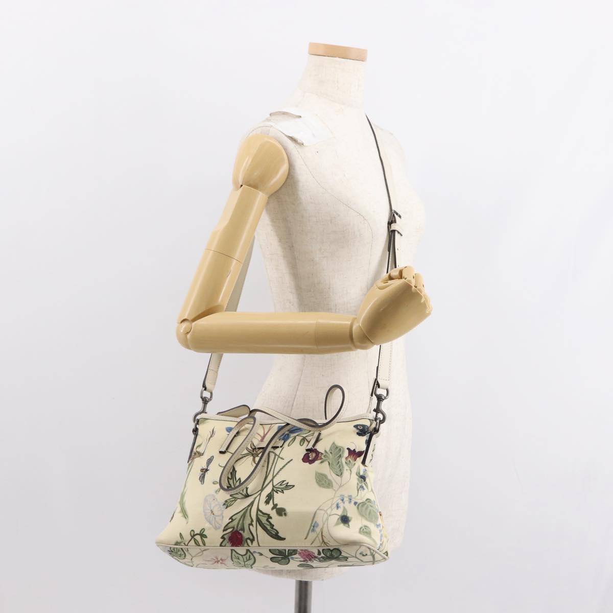 GUCCI Flora Tote Bag Nylon Leather 2way Beige Silver 353440 Auth BA7279