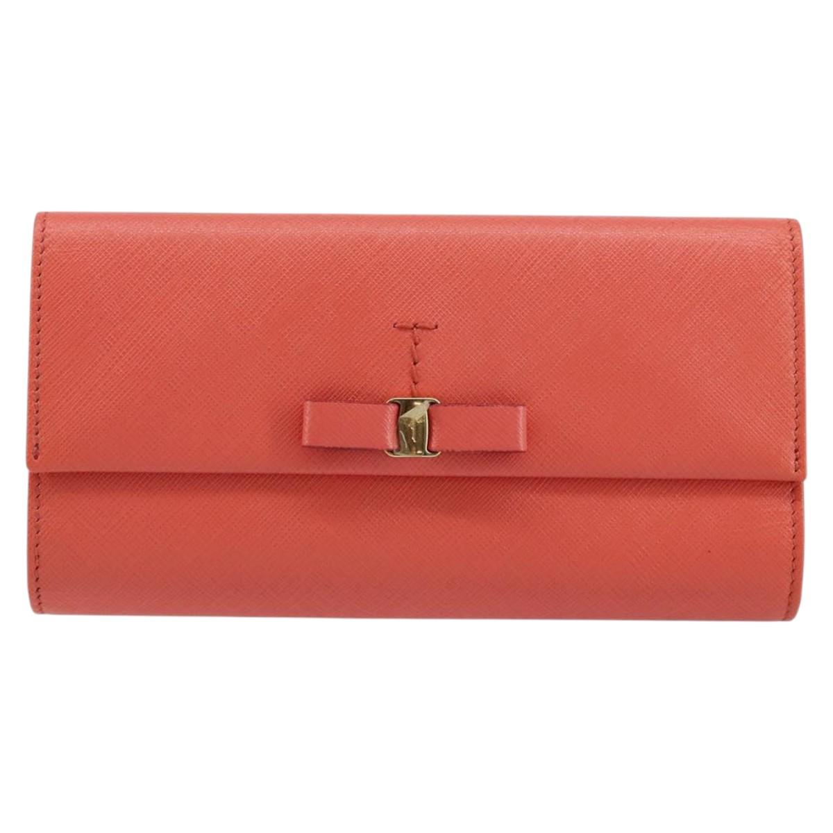Salvatore Ferragamo Vala Long Wallet Leather Orange Gold Auth BA7289V