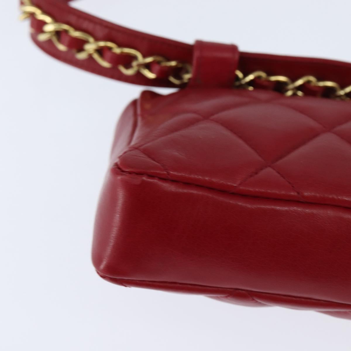CHANEL Matelasse Waist Bag Lamb Skin Red Gold CC Auth BA7291
