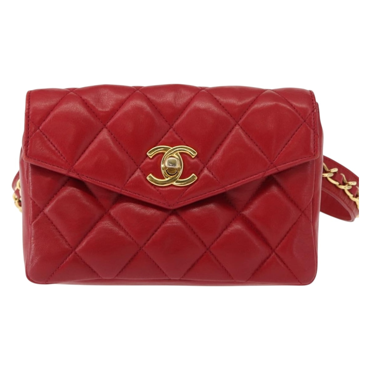 CHANEL Matelasse Waist Bag Lamb Skin Red Gold CC Auth BA7291