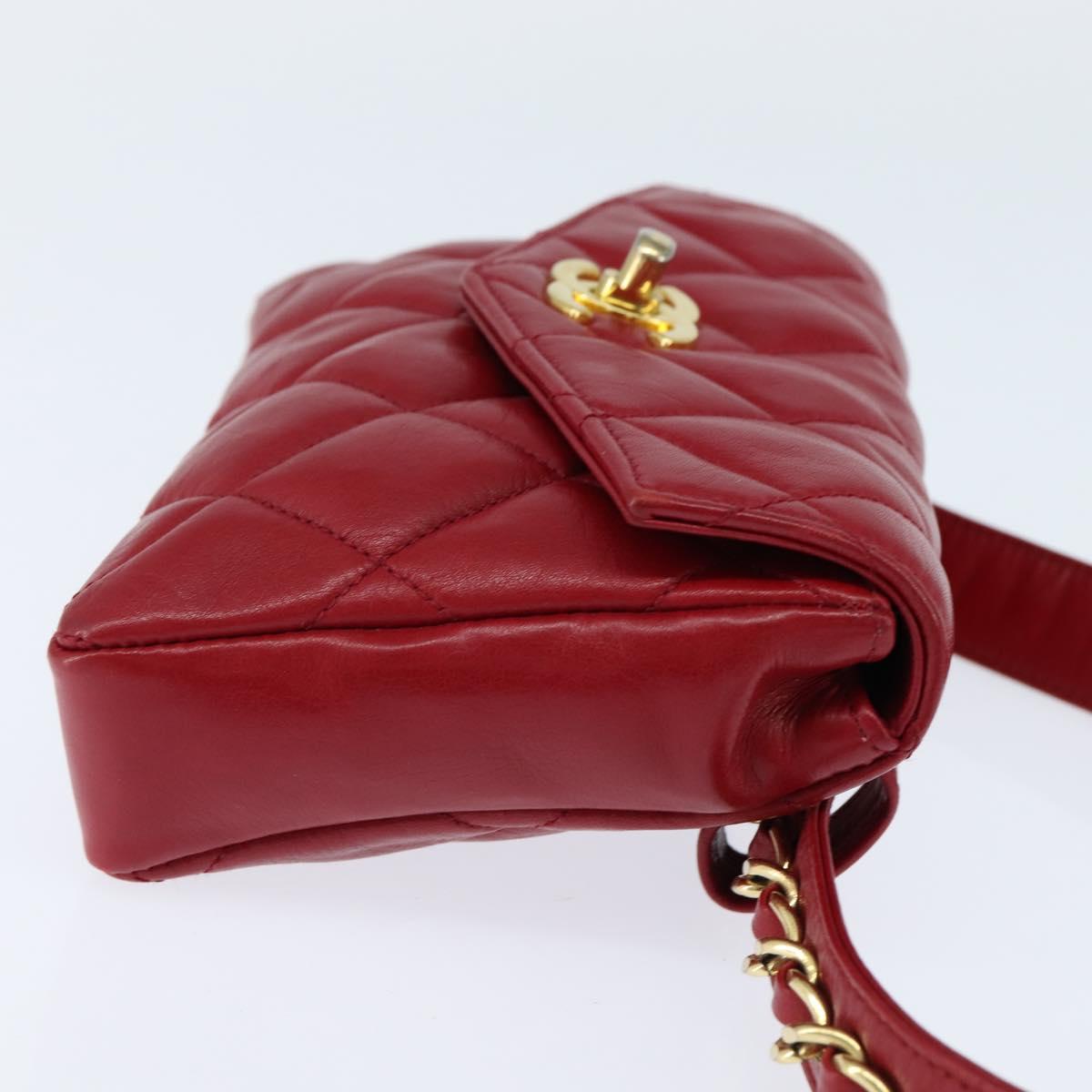 CHANEL Matelasse Waist Bag Lamb Skin Red Gold CC Auth BA7291