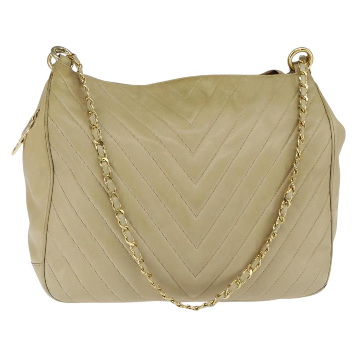 CHANEL Chain V Stitch Shoulder Bag Lamb Skin Beige Gold CC Auth BA7292