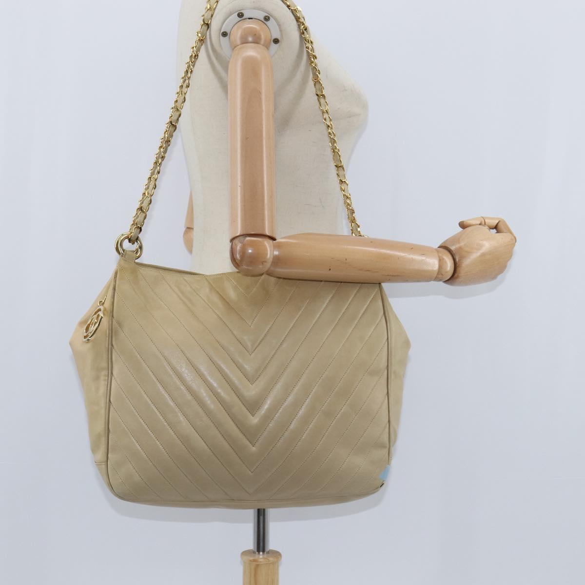 CHANEL Chain V Stitch Shoulder Bag Lamb Skin Beige Gold CC Auth BA7292