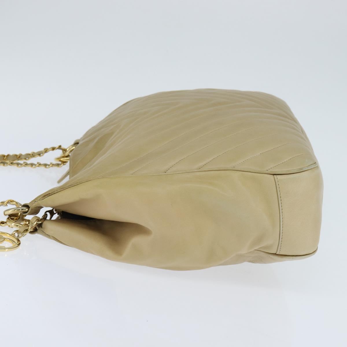 CHANEL Chain V Stitch Shoulder Bag Lamb Skin Beige Gold CC Auth BA7292
