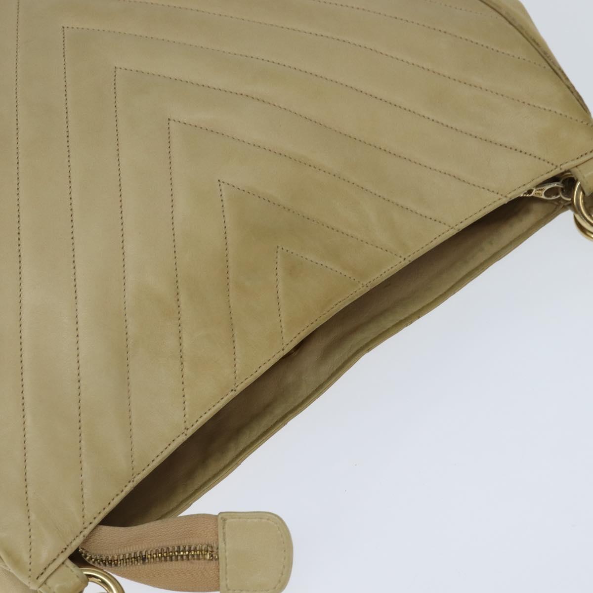 CHANEL Chain V Stitch Shoulder Bag Lamb Skin Beige Gold CC Auth BA7292