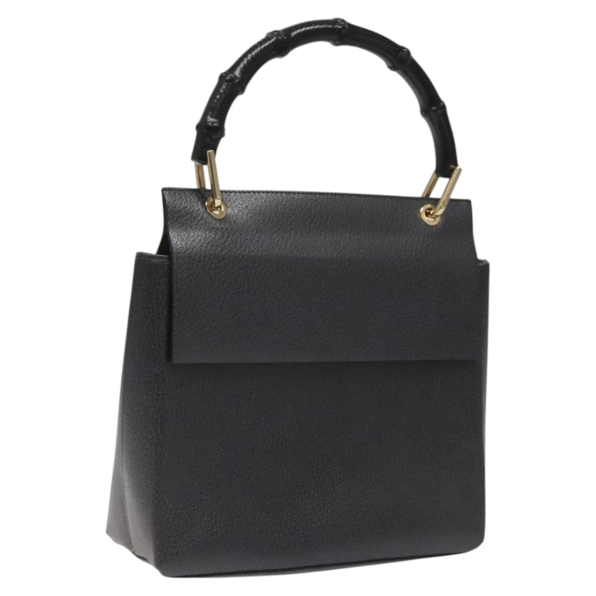 GUCCI Bamboo Hand Bag Leather Black Gold 001 3444 1887 Auth BA730
