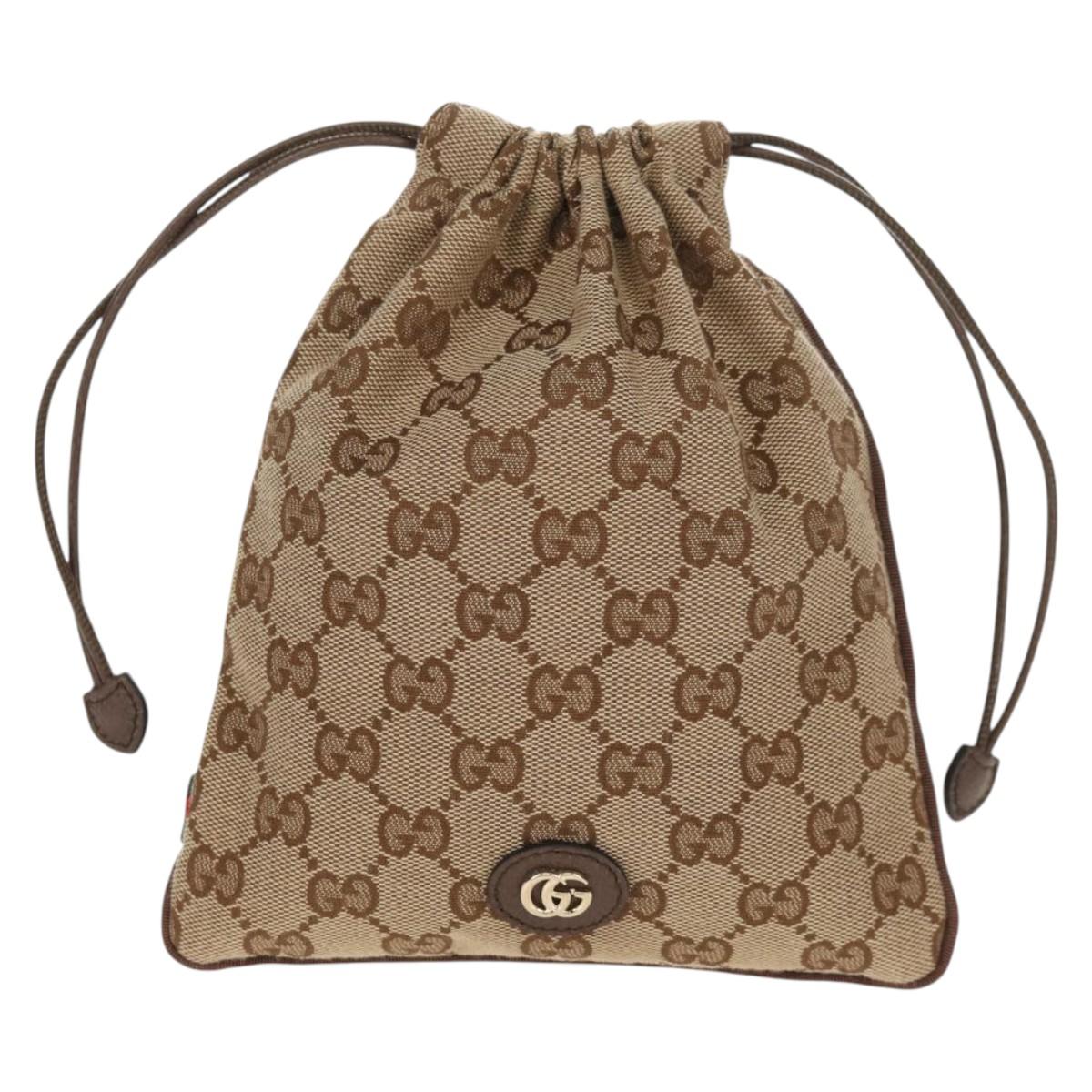 GUCCI GG Canvas Web Sherry Line Drawstring Pouch Beige Gold Auth BA7306M