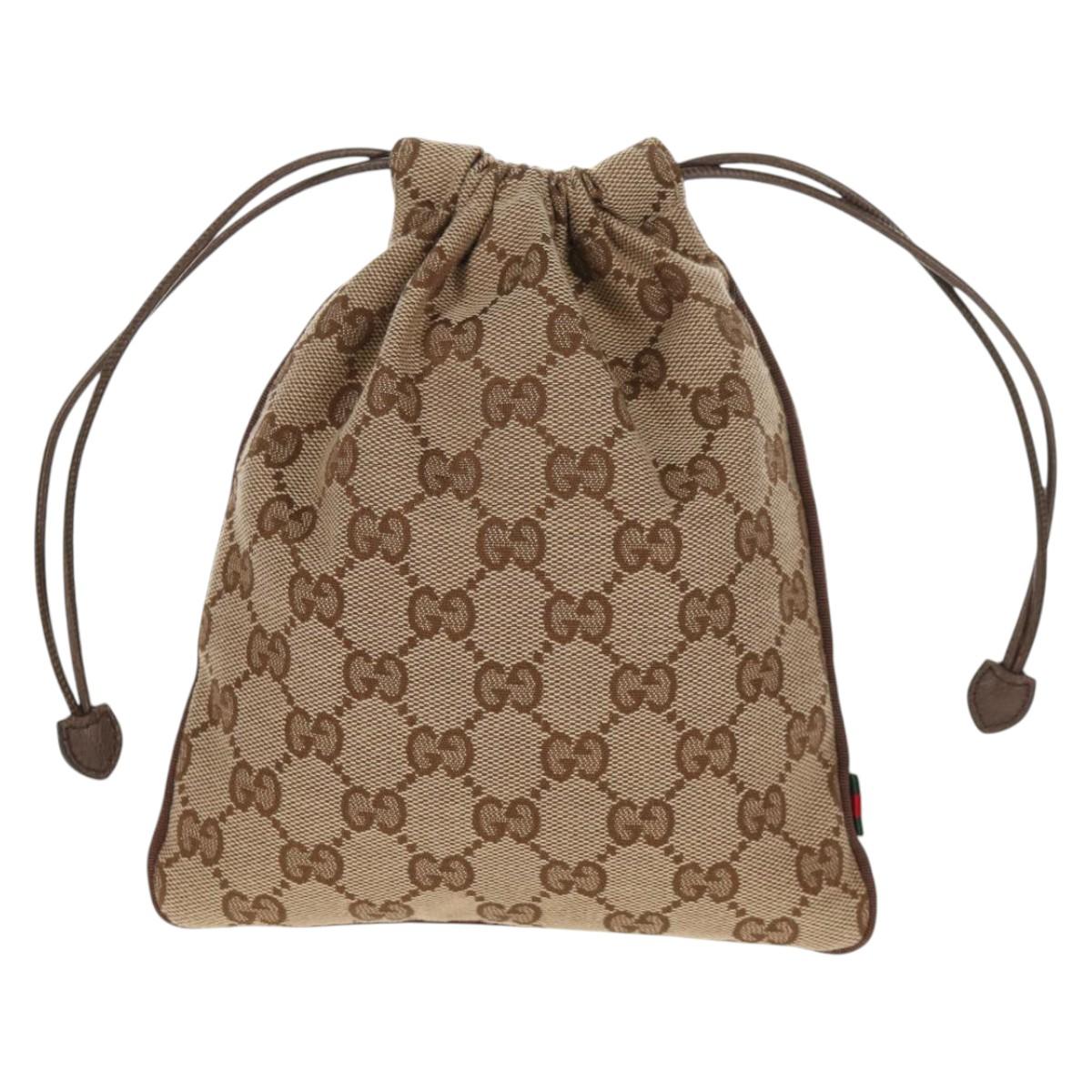 GUCCI GG Canvas Web Sherry Line Drawstring Pouch Beige Gold Auth BA7306M