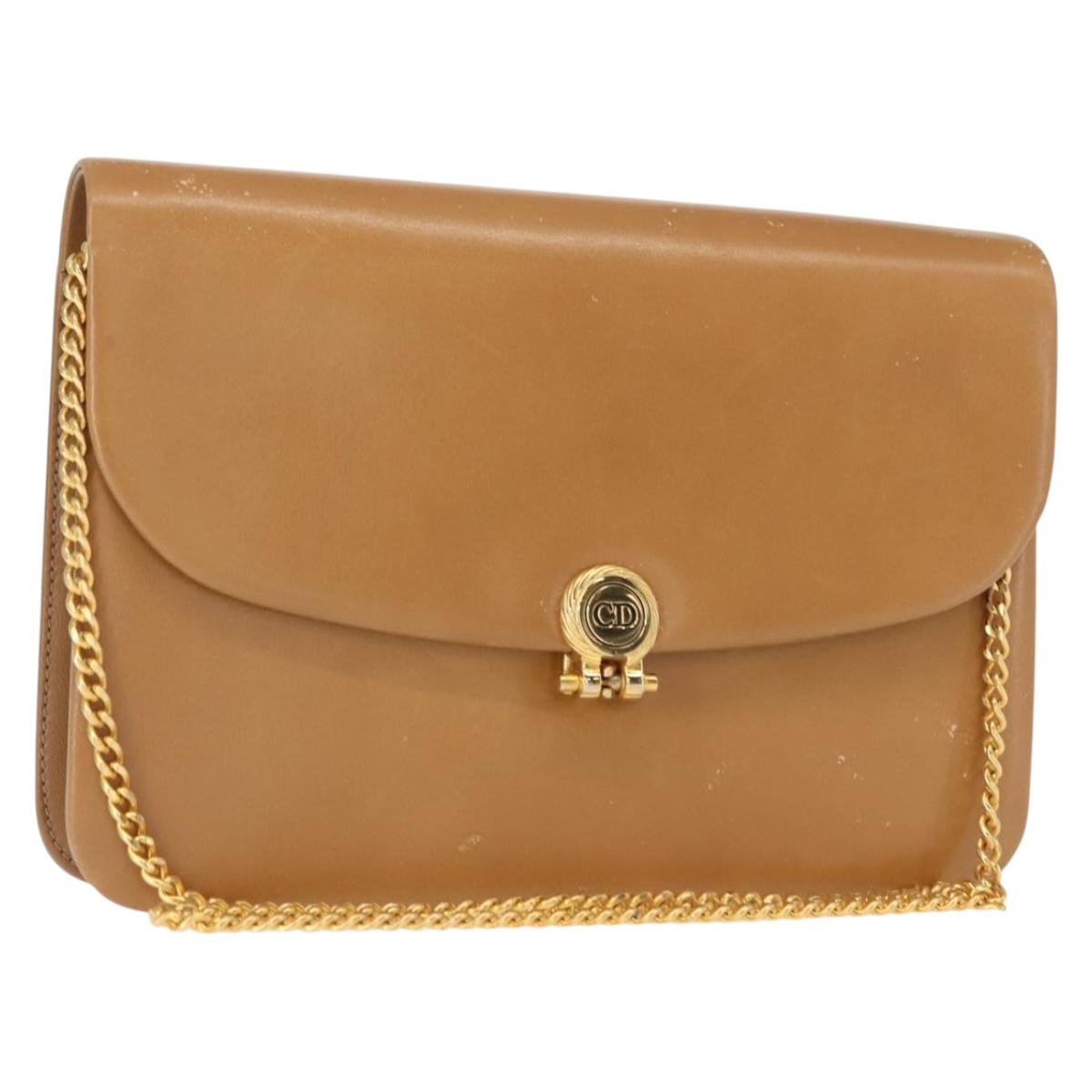 Christian Dior Chain Shoulder Bag Leather Beige Gold Auth BA7308