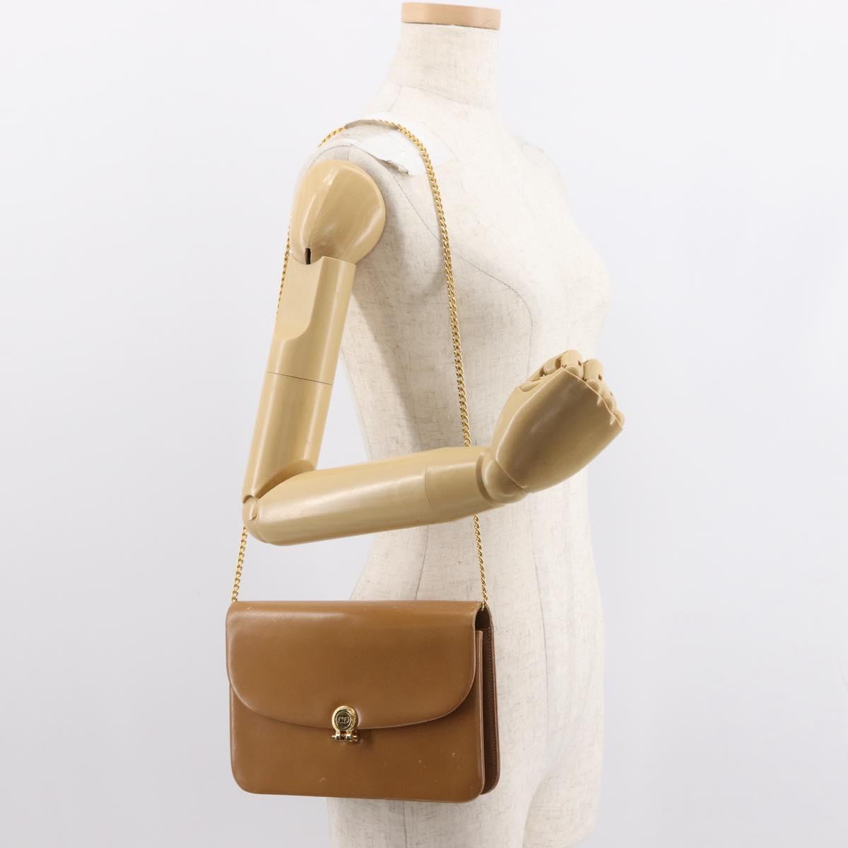 Christian Dior Chain Shoulder Bag Leather Beige Gold Auth BA7308