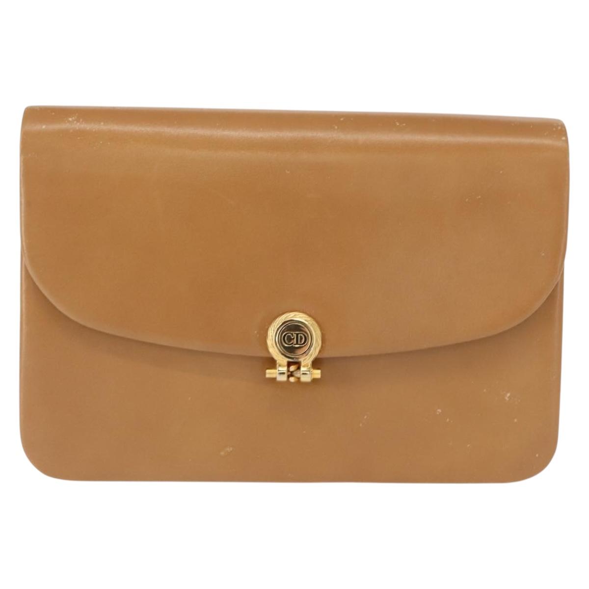 Christian Dior Chain Shoulder Bag Leather Beige Gold Auth BA7308