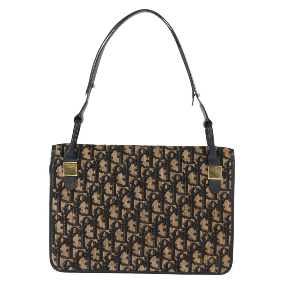 Christian Dior Trotter Canvas Shoulder Bag Navy Gold Auth BA7312