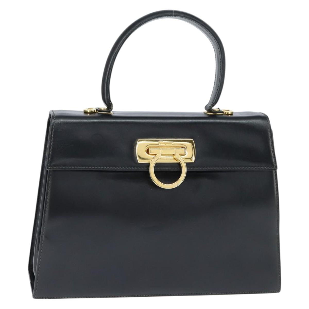 Salvatore Ferragamo Gancini Hand Bag Leather 2way Black Gold Auth BA7323