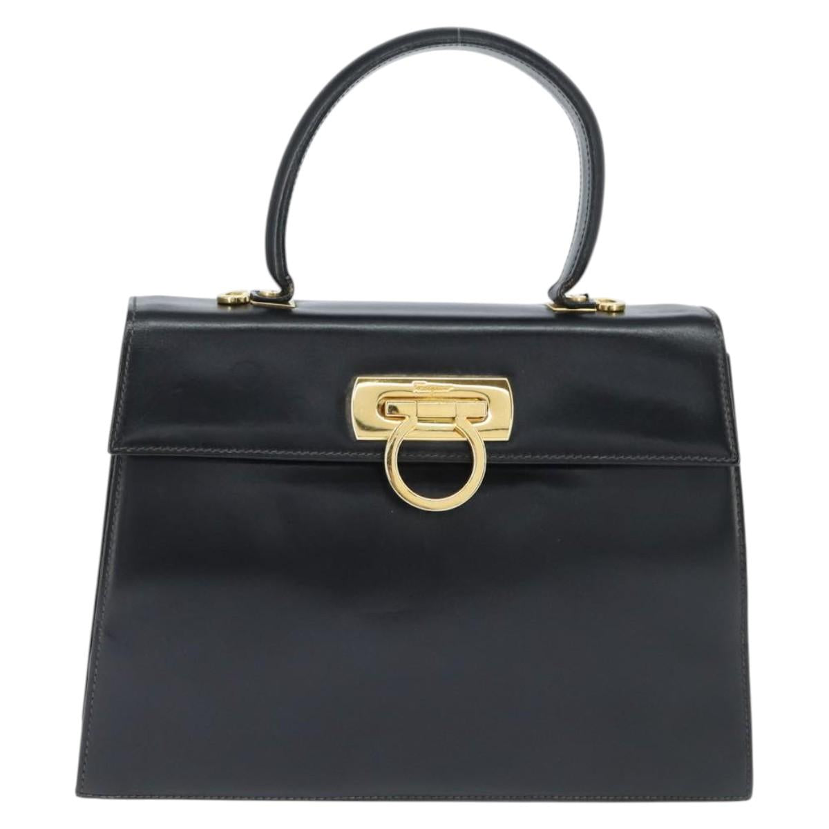 Salvatore Ferragamo Gancini Hand Bag Leather 2way Black Gold Auth BA7323