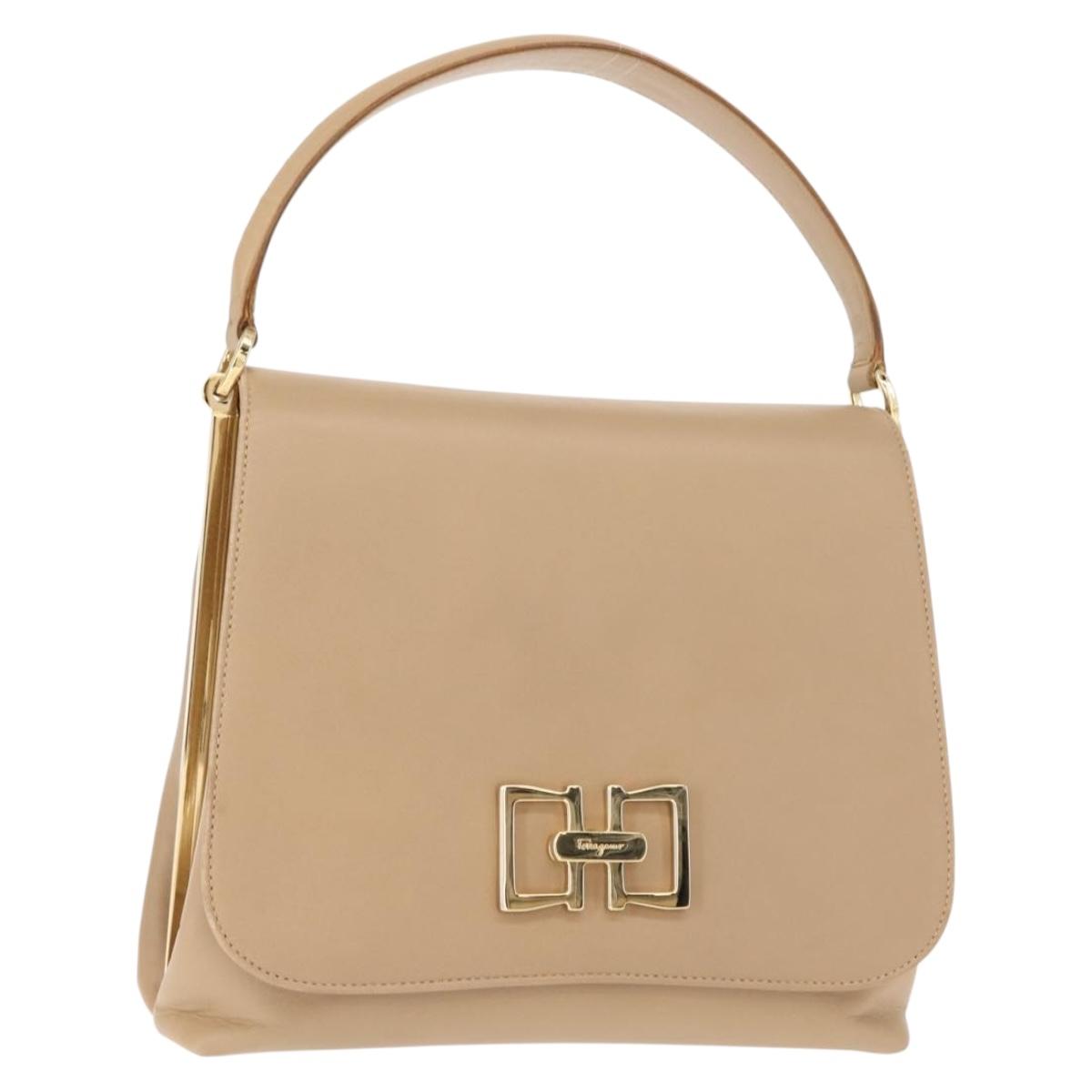 Salvatore Ferragamo Hand Bag Leather Beige Gold Auth BA7326