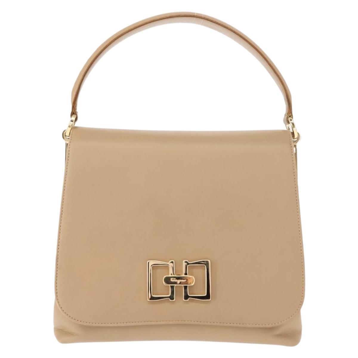 Salvatore Ferragamo Hand Bag Leather Beige Gold Auth BA7326