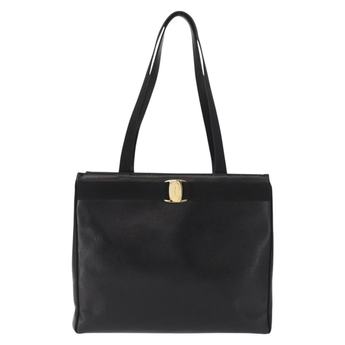 Salvatore Ferragamo Vala Embossing Tote Bag Leather Black Gold Auth BA7328