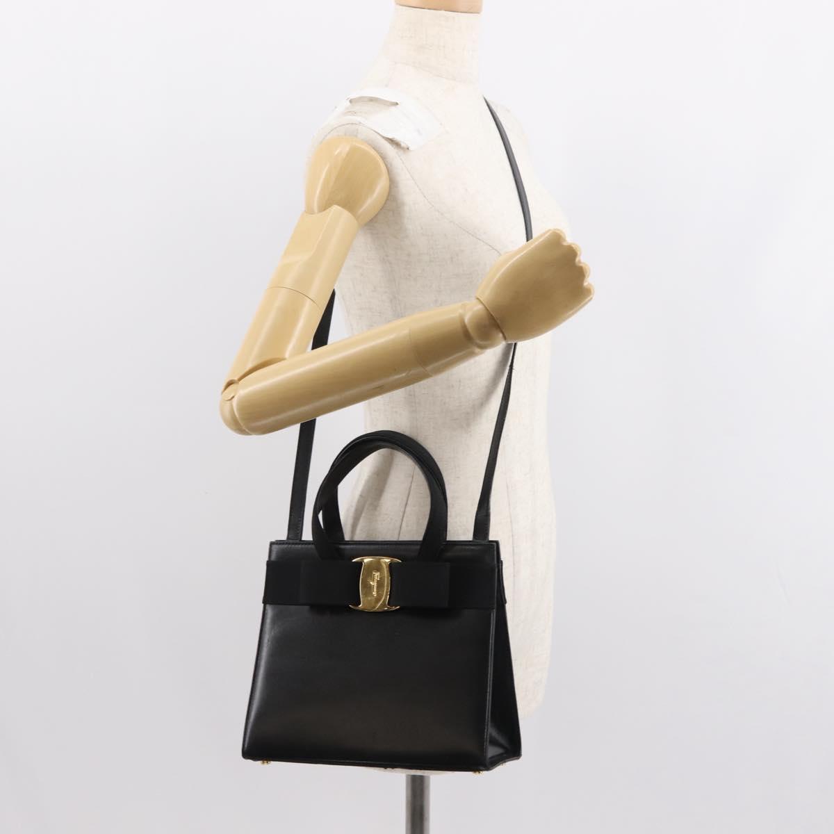 Salvatore Ferragamo Vala Hand Bag Leather 2way Black Gold Auth BA7329