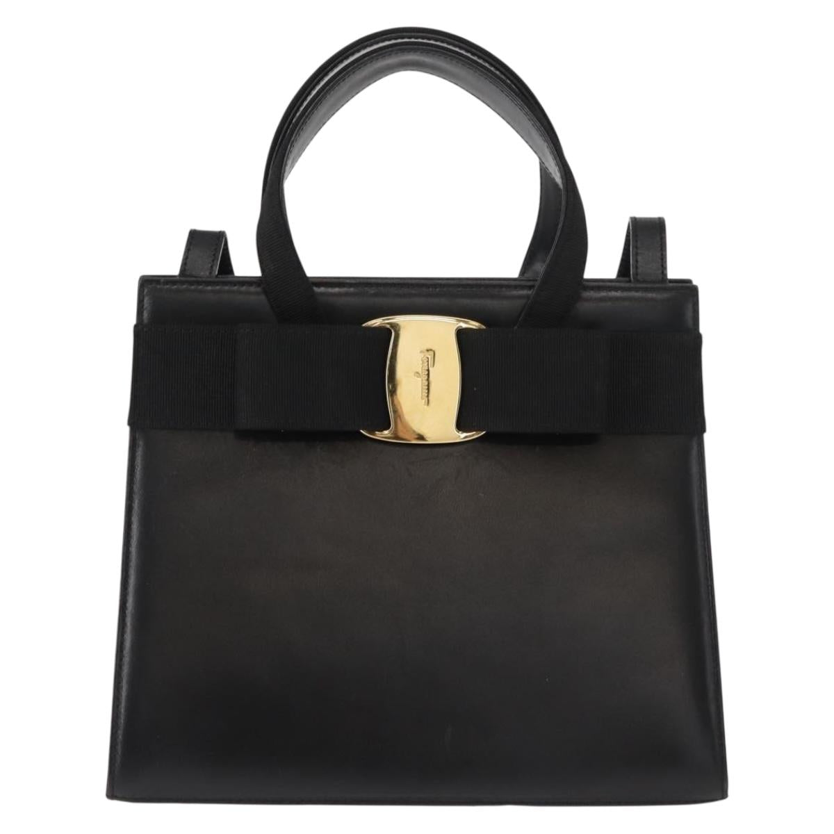 Salvatore Ferragamo Vala Hand Bag Leather 2way Black Gold Auth BA7329